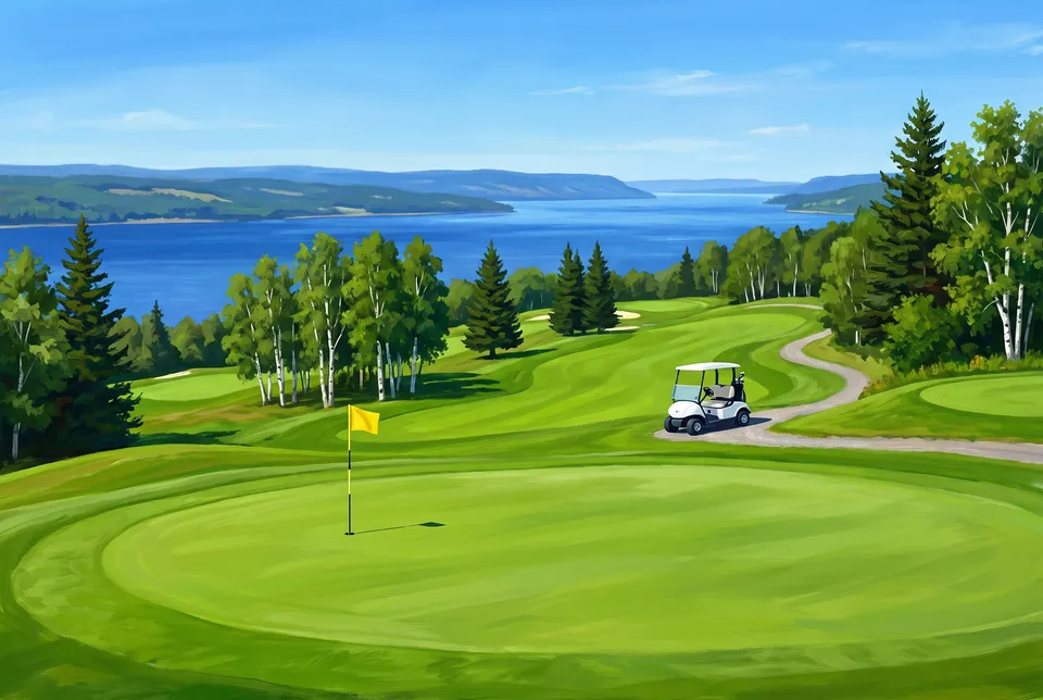 Illustration : un terrain de golf vallonné au-dessus d’un large fleuve bleu un matin d’été, bouleaux et épinettes, une voiturette blanche sur un sentier.