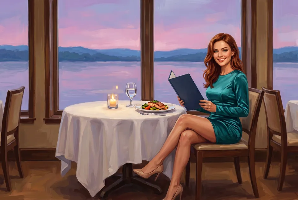 Illustration : la jeune femme assise à une table nappée de blanc près d’une grande fenêtre, un menu bleu à la main, poisson et bougie sur la table, le fleuve au crépuscule rose derrière.