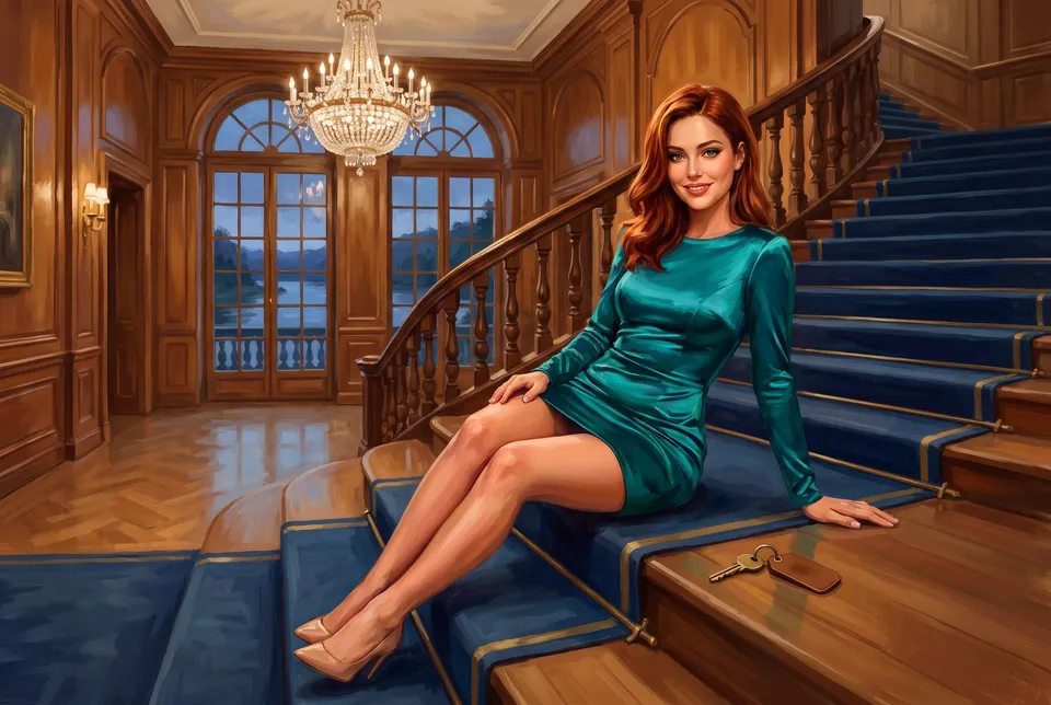 Illustration : la jeune femme assise sur les marches d’un grand escalier à tapis bleu dans le hall boisé d’un hôtel ancien, sous un lustre de cristal, une clé de chambre posée à côté d’elle.